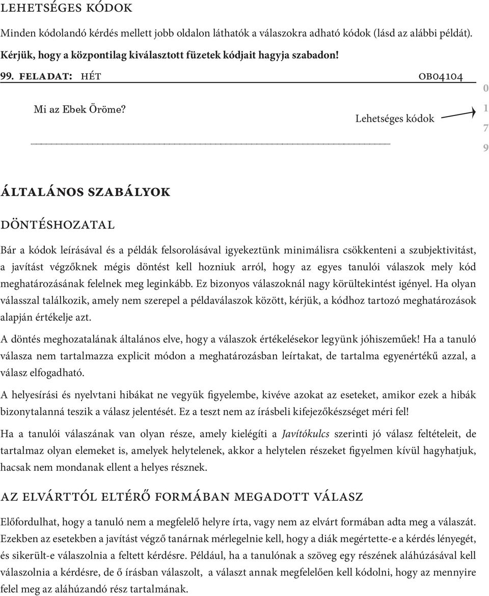 Lehetséges kódok 0 1 7 9 általános SZABÁLYOK Döntéshozatal Bár a kódok leírásával és a példák felsorolásával igyekeztünk minimálisra csökkenteni a szubjektivitást, a javítást végzőknek mégis döntést