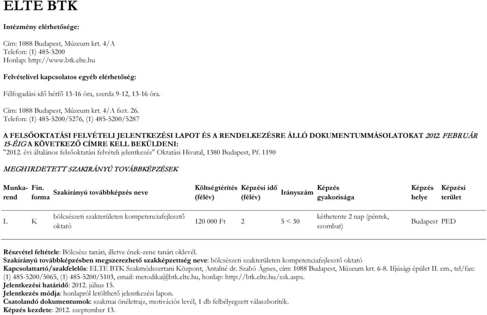 Telefon: (1) 485-5200/5276, (1) 485-5200/5287 A FELSŐOKTATÁSI FELVÉTELI JELENTKEZÉSI LAPOT ÉS A RENDELKEZÉSRE ÁLLÓ DOKUMENTUMMÁSOLATOKAT 2012. FEBRUÁR 15-ÉIG A KÖVETKEZŐ CÍMRE KELL BEKÜLDENI: "2012.