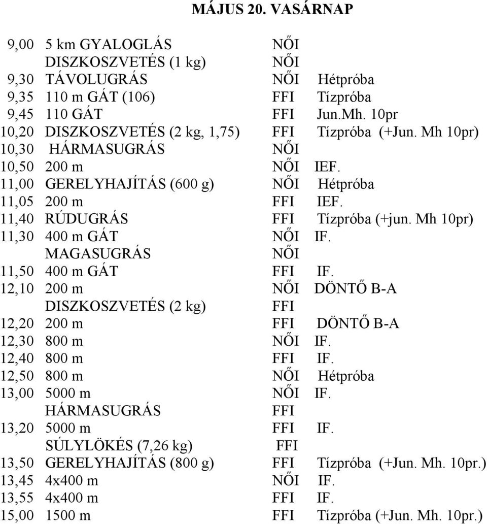 11,40 RÚDUGRÁS Tízpróba (+jun. Mh 10pr) 11,30 400 m GÁT NŐI IF. MAGASUGRÁS NŐI 11,50 400 m GÁT IF. 12,10 200 m NŐI DÖNTŐ B-A DISZKOSZVETÉS (2 kg) 12,20 200 m DÖNTŐ B-A 12,30 800 m NŐI IF.