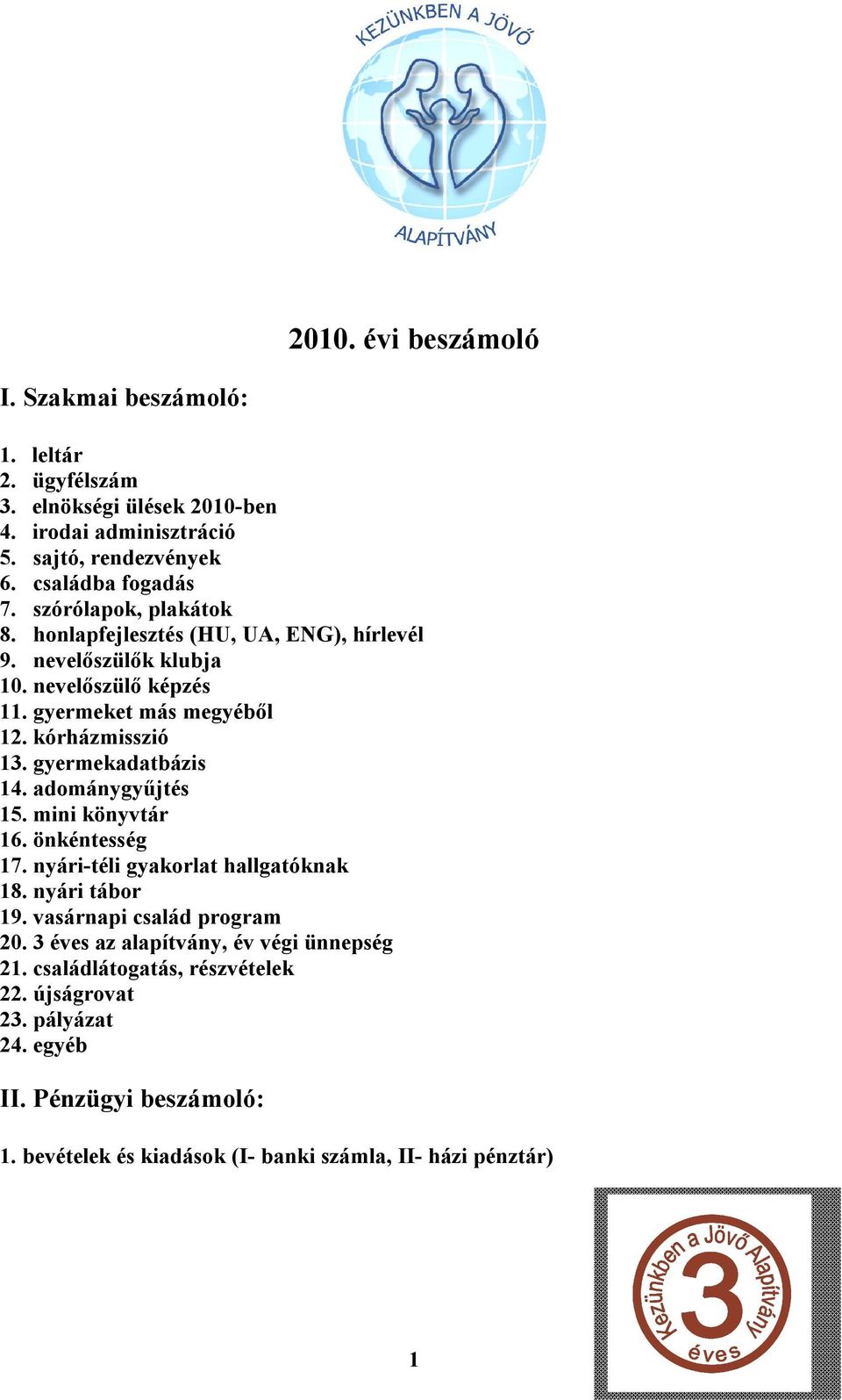 gyermekadatbázis 14. adománygyűjtés 15. mini könyvtár 16. önkéntesség 17. nyári-téli gyakorlat hallgatóknak 18. nyári tábor 19. vasárnapi család program 20.