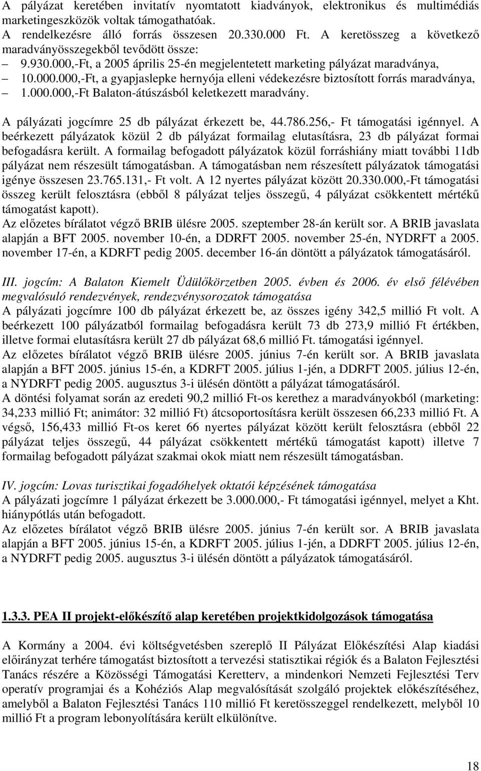 000.000,-Ft Balaton-átúszásból keletkezett maradvány. A pályázati jogcímre 25 db pályázat érkezett be, 44.786.256,- Ft támogatási igénnyel.