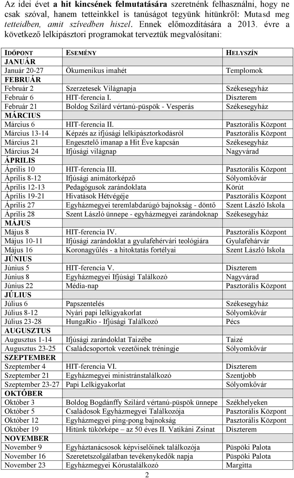 évre a következő lelkipásztori programokat terveztük megvalósítani: IDŐPONT ESEMÉNY HELYSZÍN JANUÁR Január 20-27 Ökumenikus imahét Templomok FEBRUÁR Február 2 Szerzetesek Világnapja Székesegyház