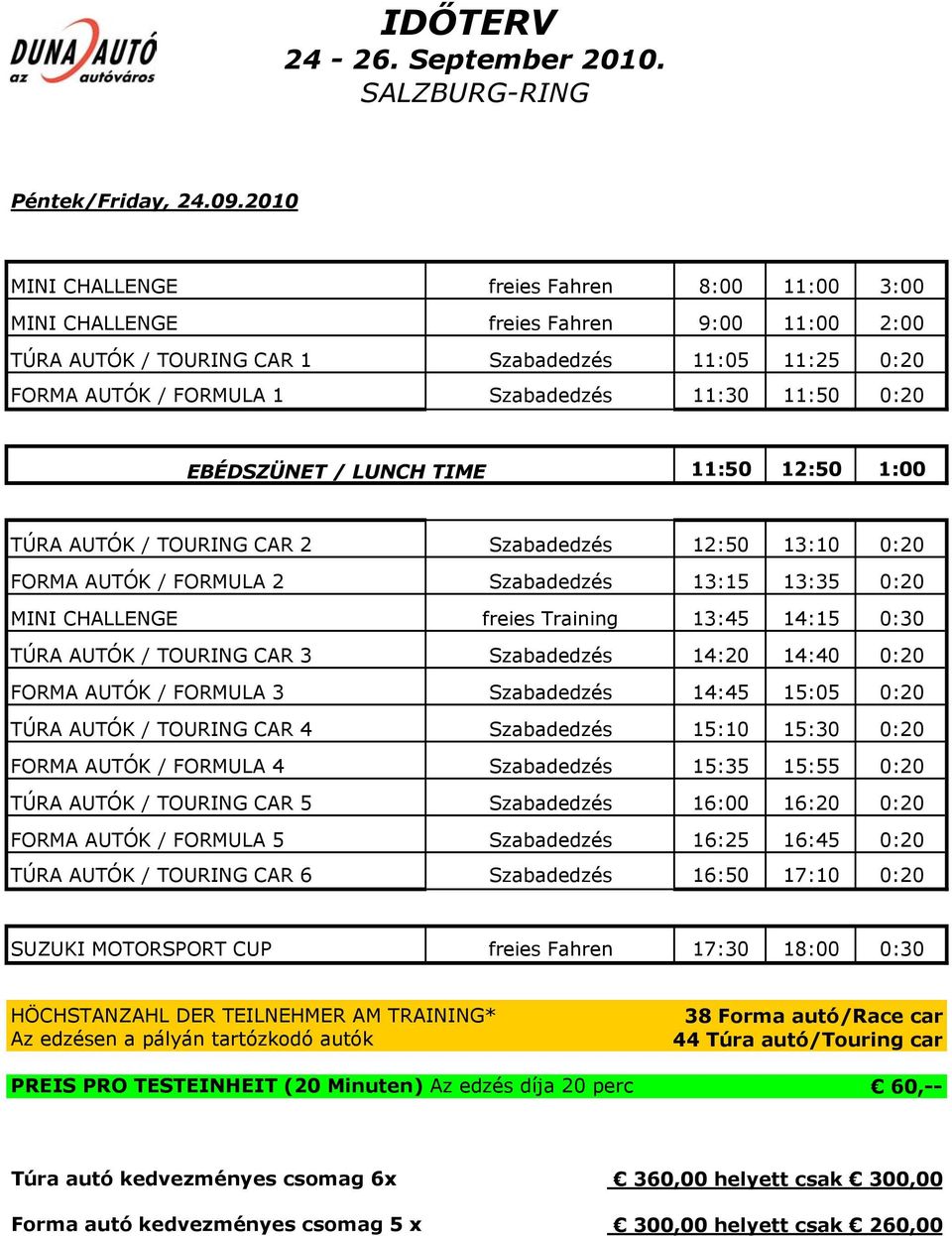 0:20 EBÉDSZÜNET / LUNCH TIME 11:50 12:50 1:00 TÚRA AUTÓK / TOURING CAR 2 Szabadedzés 12:50 13:10 0:20 FORMA AUTÓK / FORMULA 2 Szabadedzés 13:15 13:35 0:20 MINI CHALLENGE freies Training 13:45 14:15