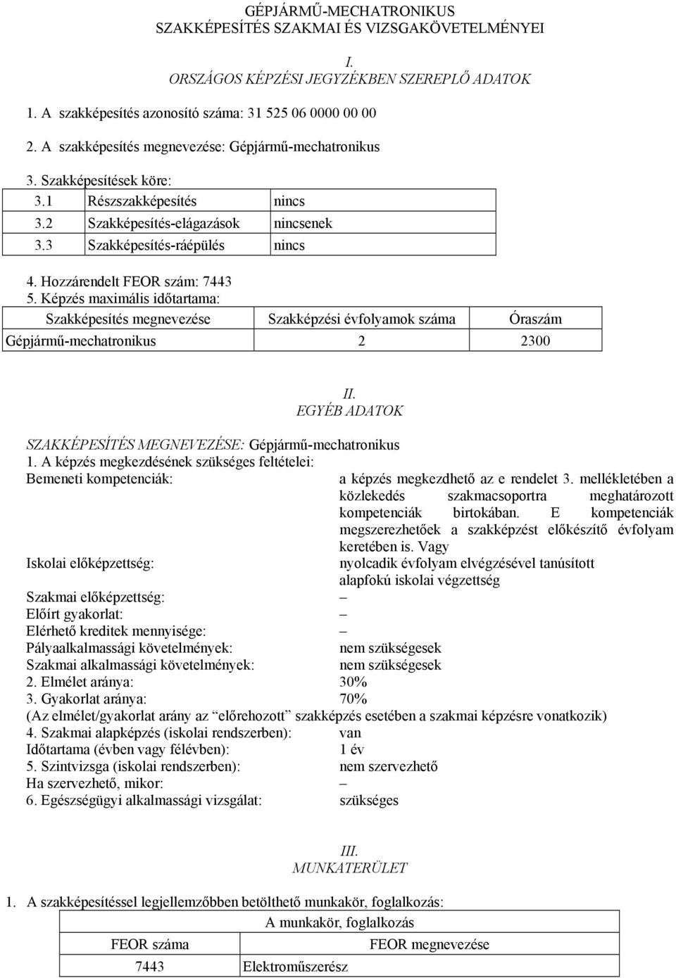 Hozzárendelt FEOR szám: 7443 5. Képzés maximális időtartama: Szakképesítés megnevezése Szakképzési évfolyamok száma Óraszám Gépjármű-mechatronikus 2 2300 II.