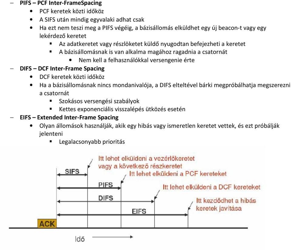 Inter-Frame Spacing DCF keretek közti időköz Ha a bázisállomásnak nincs mondanivalója, a DIFS elteltével bárki megpróbálhatja megszerezni a csatornát Szokásos versengési szabályok Kettes