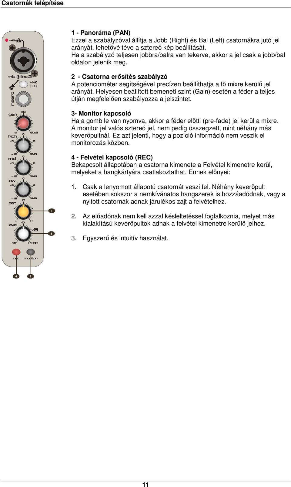 2 - Csatorna erősítés szabályzó A potenciométer segítségével precízen beállíthatja a fő mixre kerülő jel arányát.