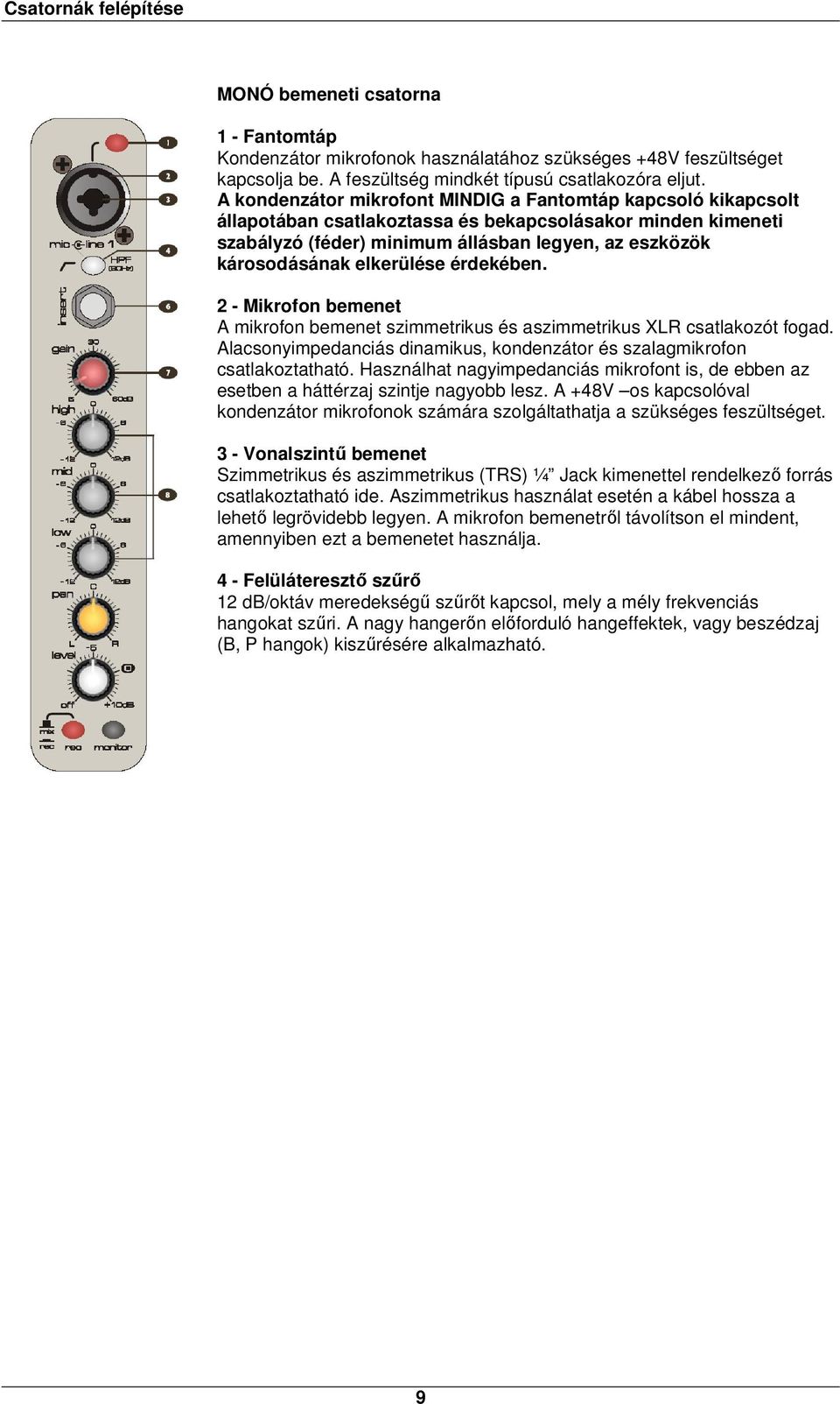 elkerülése érdekében. 2 - Mikrofon bemenet A mikrofon bemenet szimmetrikus és aszimmetrikus XLR csatlakozót fogad. Alacsonyimpedanciás dinamikus, kondenzátor és szalagmikrofon csatlakoztatható.