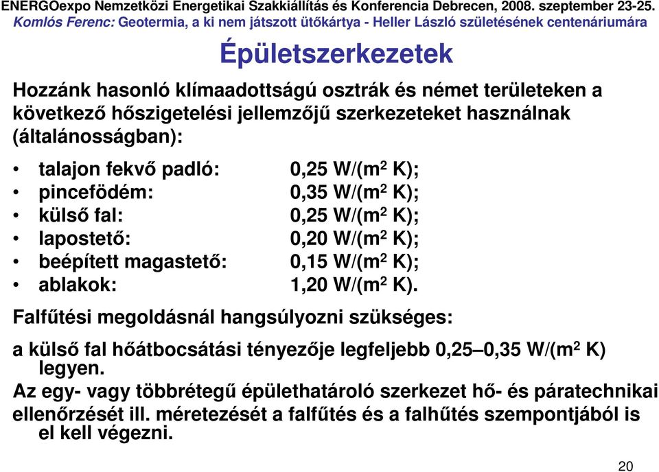 magastetı: 0,15 W/(m 2 K); ablakok: 1,20 W/(m 2 K).