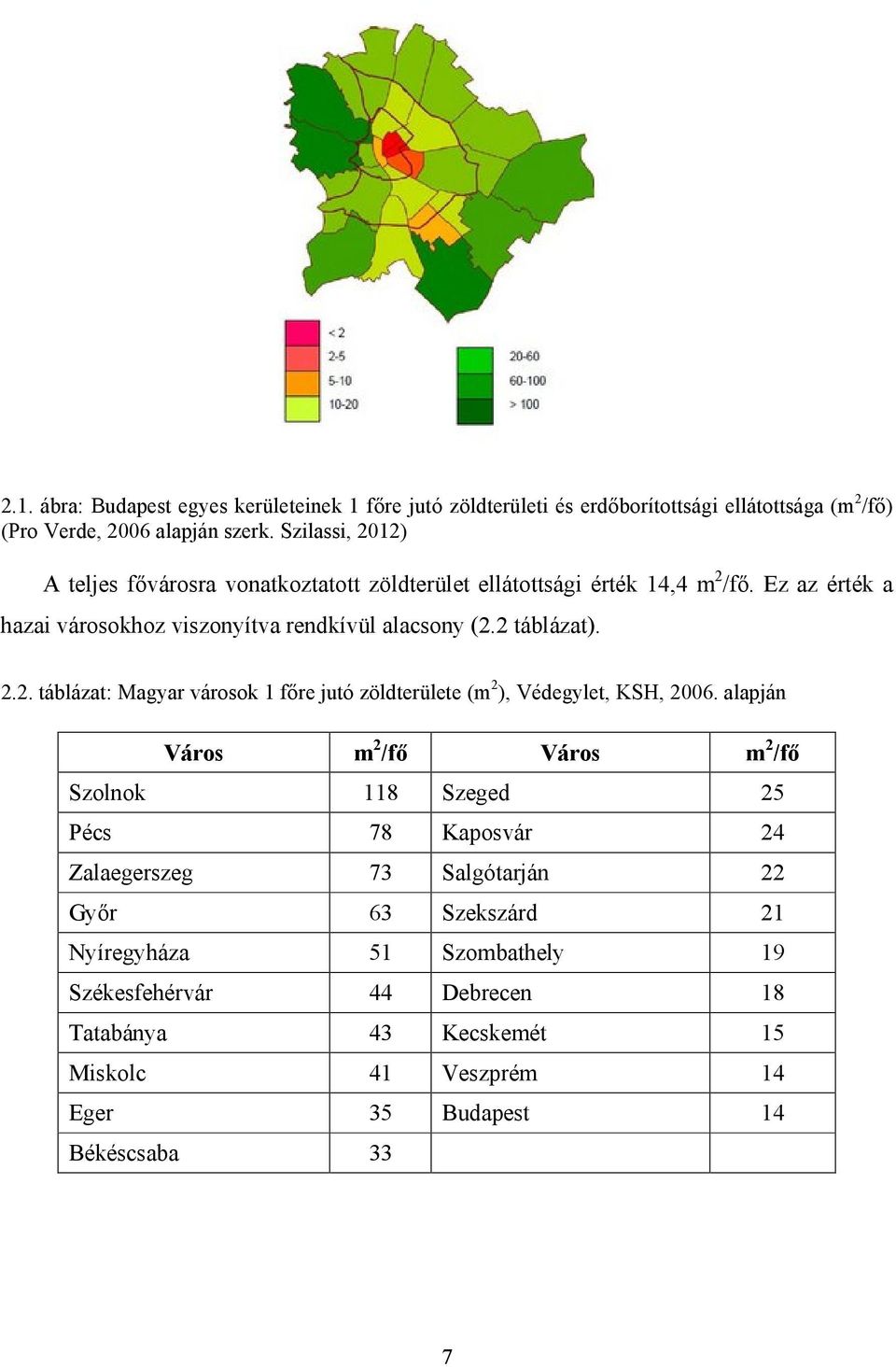 2 táblázat). 2.2. táblázat: Magyar városok 1 főre jutó zöldterülete (m 2 ), Védegylet, KSH, 2006.