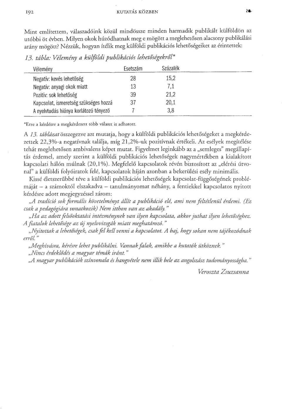 tábla: Vélemény a külföldi publikációs lehetőségekről* Vélemény Esetszám Százalék Negatív: kevés lehetőség 28 15,2 Negatív: anyagi okok miatt 13 7,1 Pozitív: sok lehetőség 39 21,2 Kapcsolat,