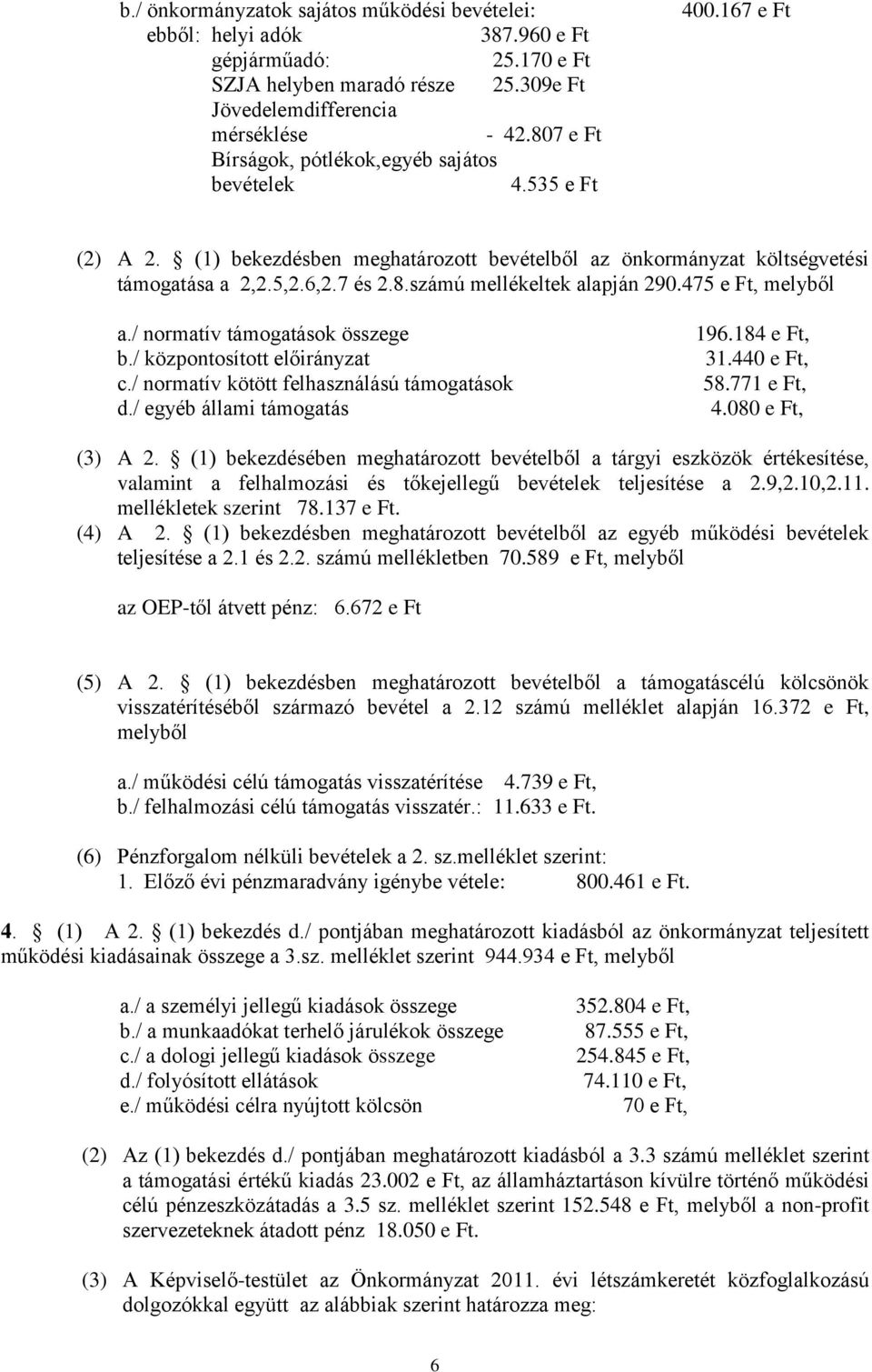 475 e Ft, melyből a./ normatív támogatások összege b./ központosított előirányzat c./ normatív kötött felhasználású támogatások d./ egyéb állami támogatás 196.184 e Ft, 31.440 e Ft, 58.771 e Ft, 4.