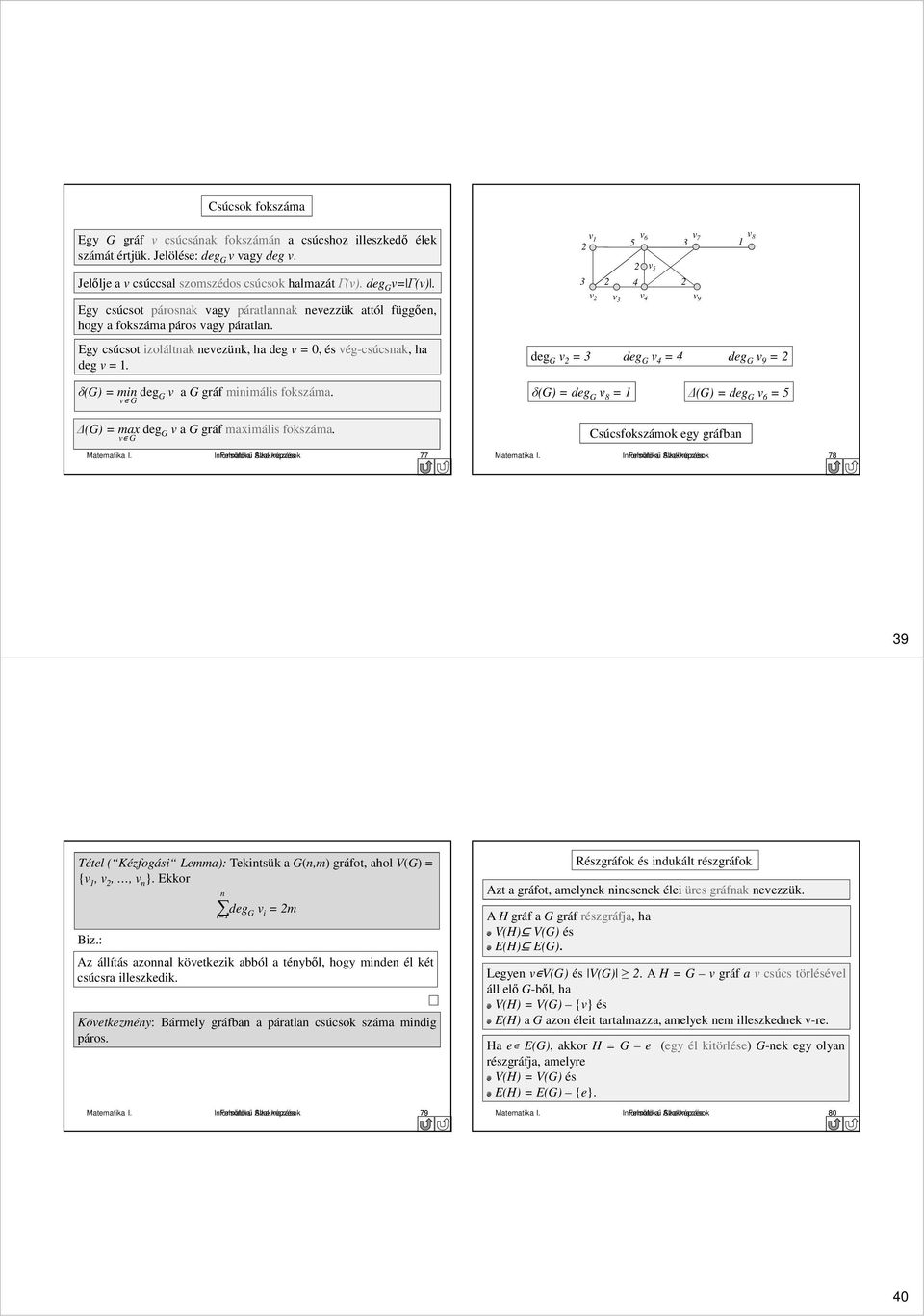 δ(g) = min deg G v a G gráf minimális fokszáma. v G (G) = max deg G v a G gráf maximális fokszáma. v G Matematika I.