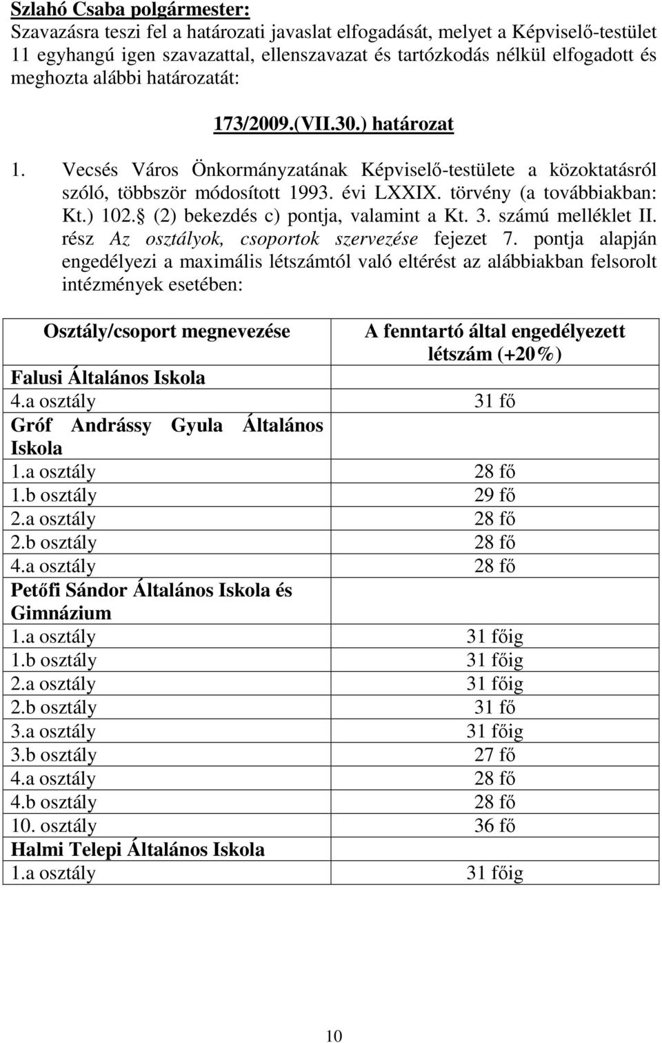 (2) bekezdés c) pontja, valamint a Kt. 3. számú melléklet II. rész Az osztályok, csoportok szervezése fejezet 7.