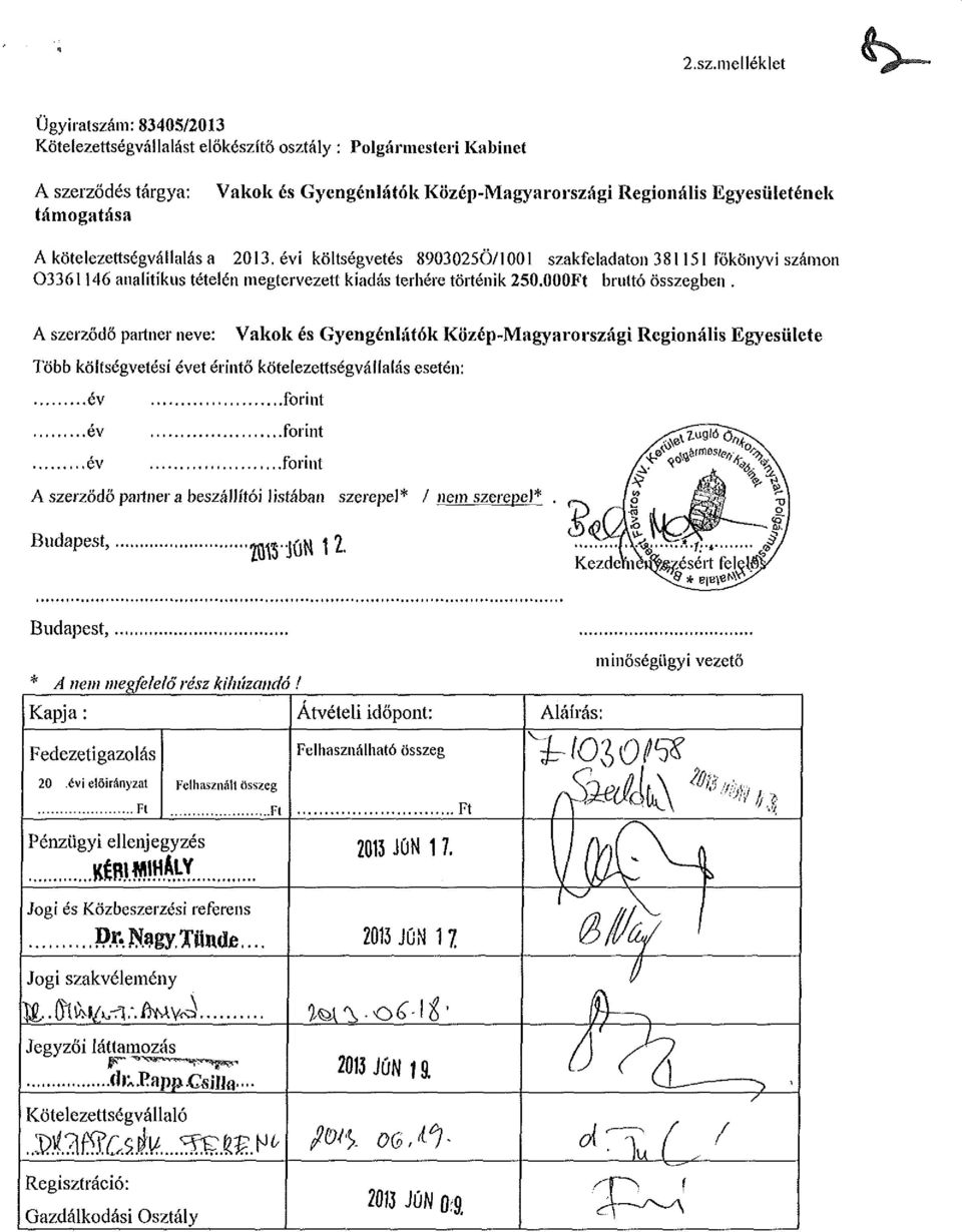 A kötelezettségvállalás a 2013. évi költségvetés 8903025Ö/1001 szakfeladaton 381151 főkönyvi számon 03361146 analitikus tételén megtervezett kiadás terhére történik 250.000Ft bruttó összegben.