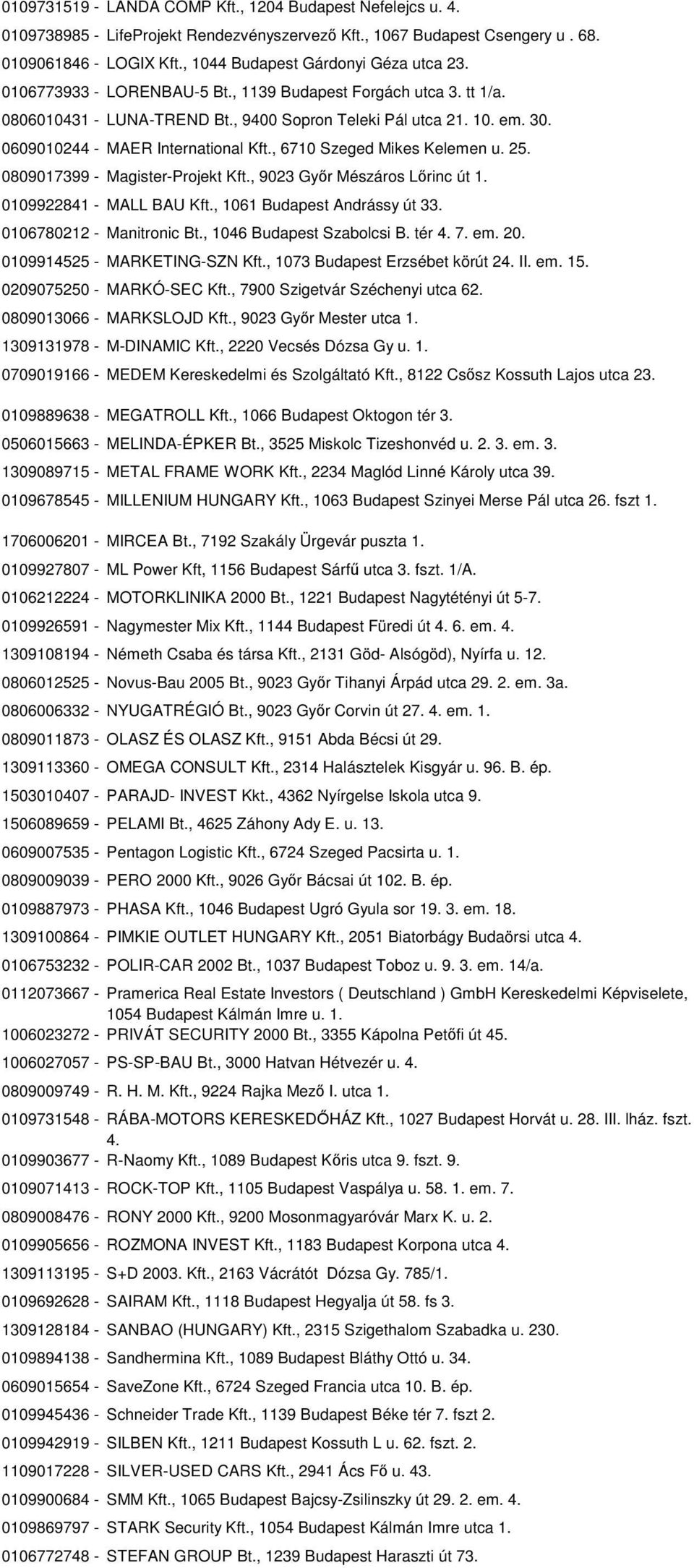 0609010244 - MAER International Kft., 6710 Szeged Mikes Kelemen u. 25. 0809017399 - Magister-Projekt Kft., 9023 Győr Mészáros Lőrinc út 1. 0109922841 - MALL BAU Kft., 1061 Budapest Andrássy út 33.