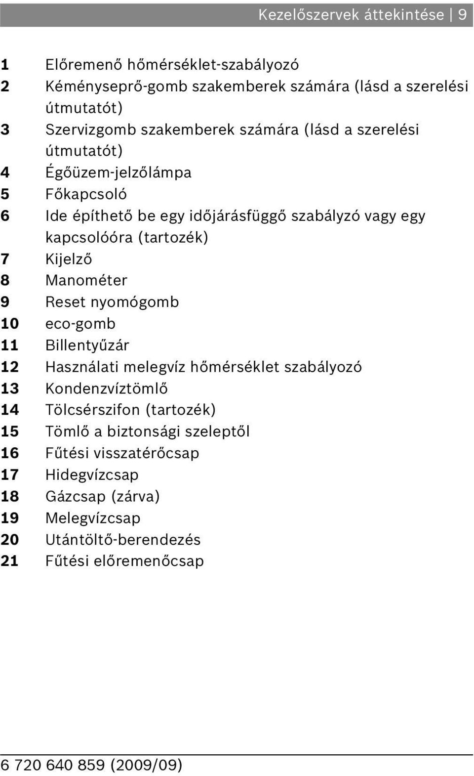 (tartozék) 7 Kijelző 8 Manométer 9 Reset nyomógomb 0 eco-gomb Billentyűzár Használati melegvíz hőmérséklet szabályozó 3 Kondenzvíztömlő 4