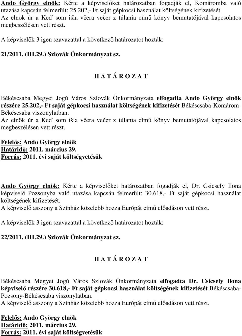 Békéscsaba Megyei Jogú Város Szlovák Önkormányzata elfogadta Ando György elnök részére 25.202,- Ft saját gépkocsi használat költségének kifizetését Békéscsaba-Komárom- Békéscsaba viszonylatban.