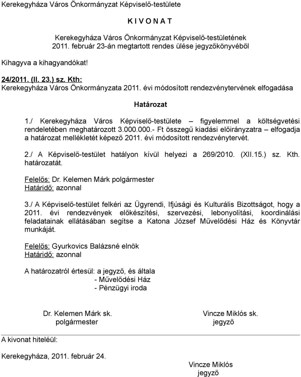 000.- Ft összegű kiadási előirányzatra elfogadja a határozat mellékletét képező 2011. évi módosított rendezvénytervét. 2./ A Képviselő-testület hatályon kívül helyezi a 269/2010. (XII.15.) sz. Kth.