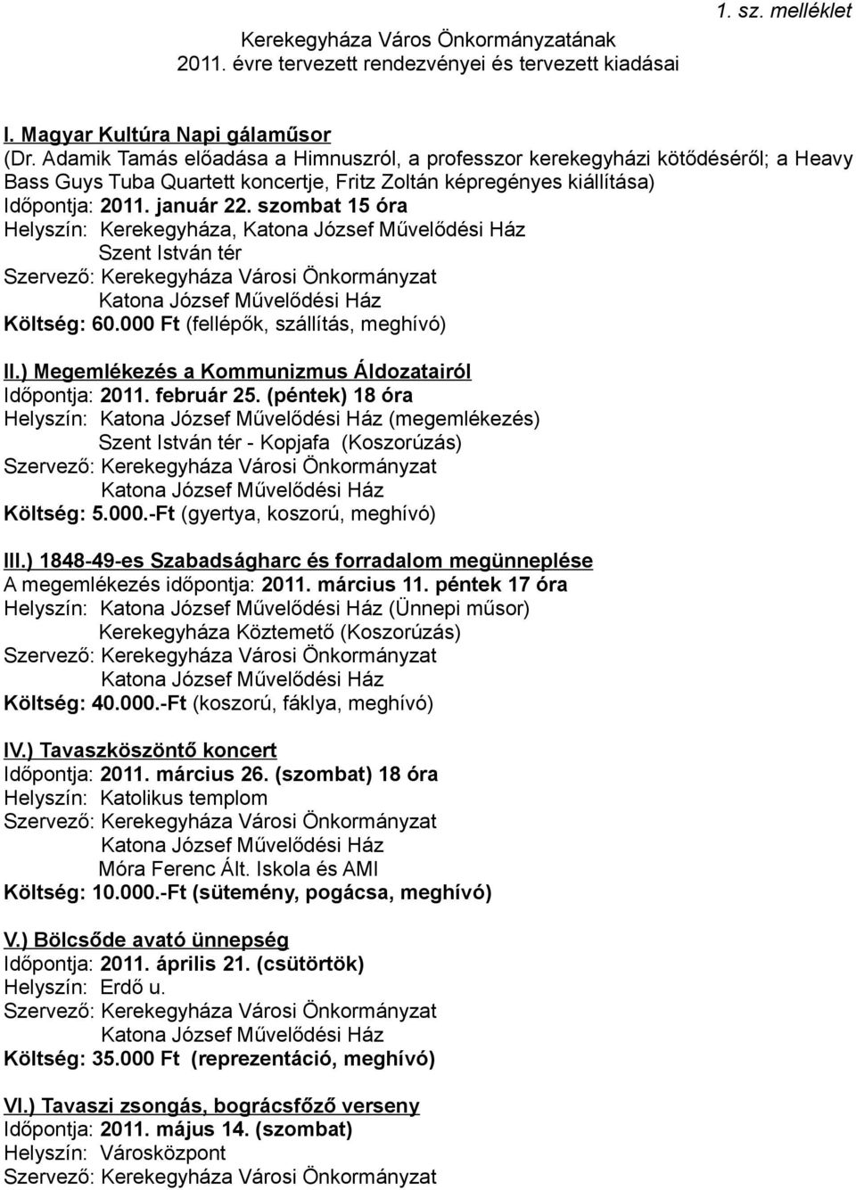 szombat 15 óra Helyszín: Kerekegyháza, Szent István tér Szervező: Kerekegyháza Városi Önkormányzat Költség: 60.000 Ft (fellépők, szállítás, meghívó) II.