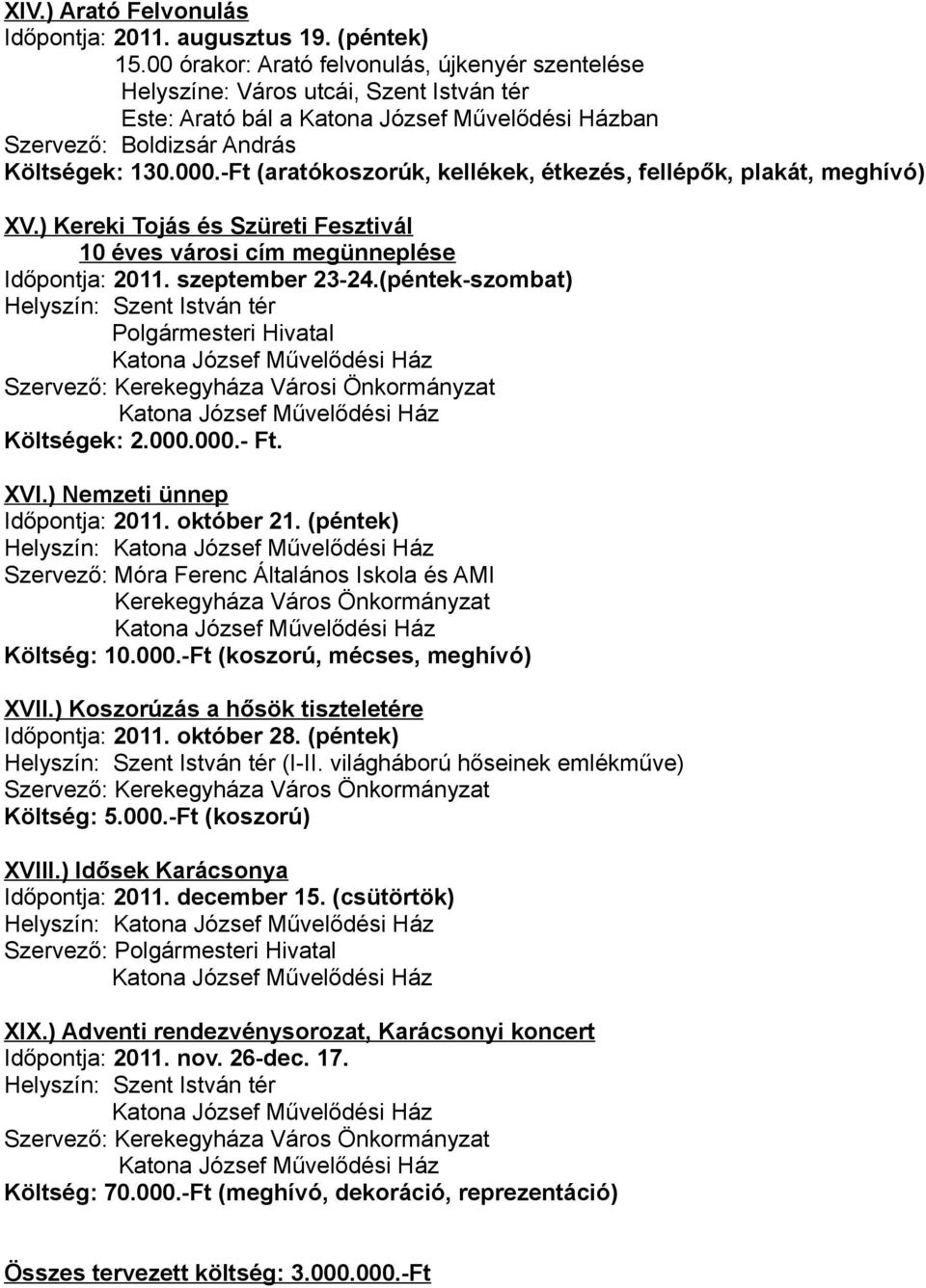 -Ft (aratókoszorúk, kellékek, étkezés, fellépők, plakát, meghívó) XV.) Kereki Tojás és Szüreti Fesztivál 10 éves városi cím megünneplése Időpontja: 2011. szeptember 23-24.