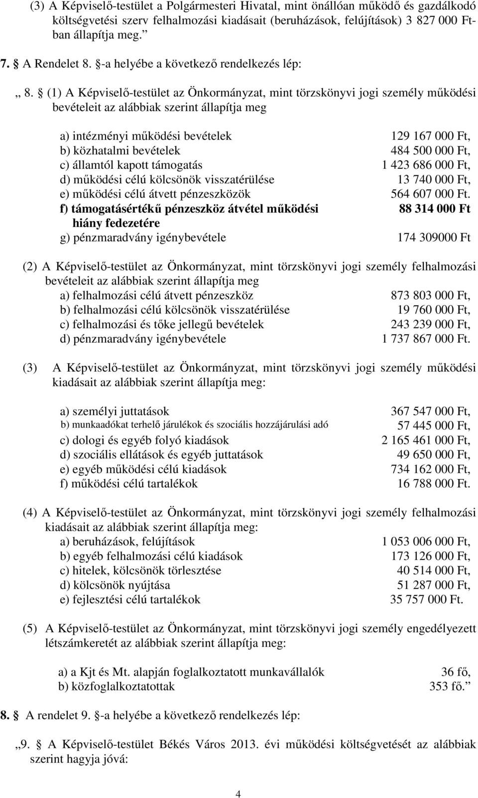 (1) A Képviselő-testület az Önkormányzat, mint törzskönyvi jogi személy működési bevételeit az alábbiak szerint állapítja meg a) intézményi működési bevételek 129 167 000 Ft, b) közhatalmi bevételek