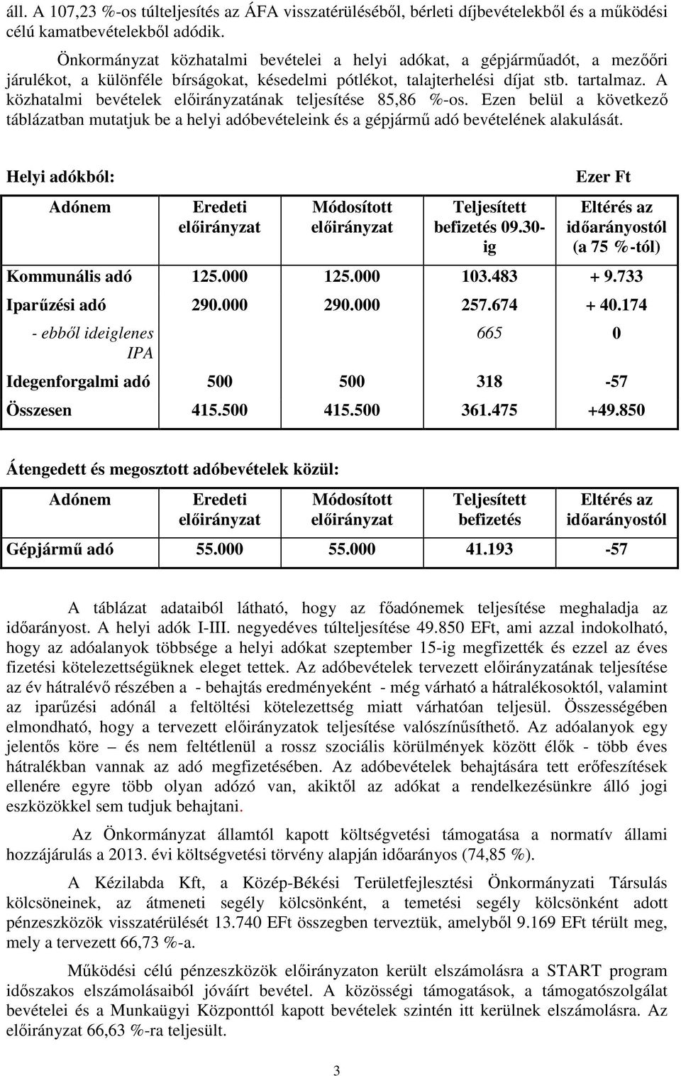 A közhatalmi bevételek ának teljesítése 85,86 %-os. Ezen belül a következő táblázatban mutatjuk be a helyi adóbevételeink és a gépjármű adó bevételének alakulását.