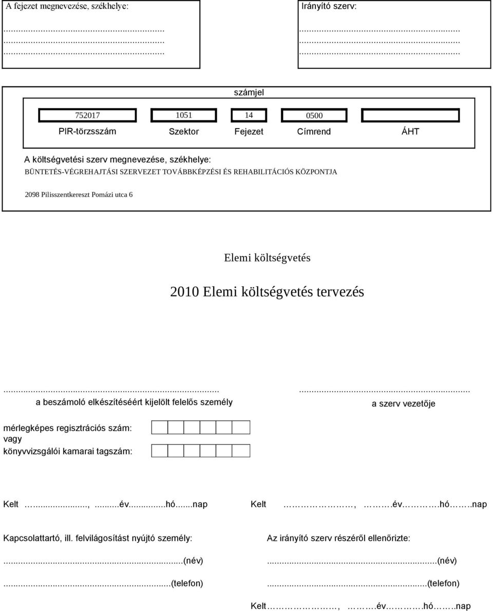 Pilisszentkereszt Pomázi utca 6 Elemi költségvetés 2010.