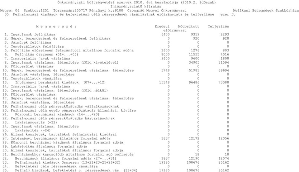Felújítás előzetesen felszámított általános forgalmi adója 1600 1276 803 6. Felújítás összesen (01+...+05) 8000 11555 4016 7. Immateriális javak vásárlása 9600 9600 1800 8.