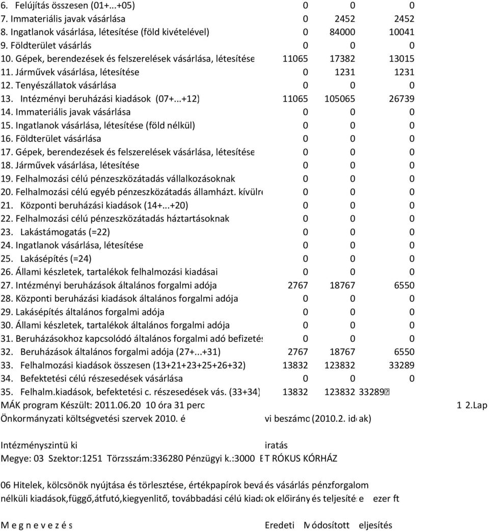 ..+12) 11065 105065 26739 14. Immateriális javak vásárlása 0 0 0 15. Ingatlanok vásárlása, létesítése (föld nélkül) 0 0 0 16. Földterület vásárlása 0 0 0 17.