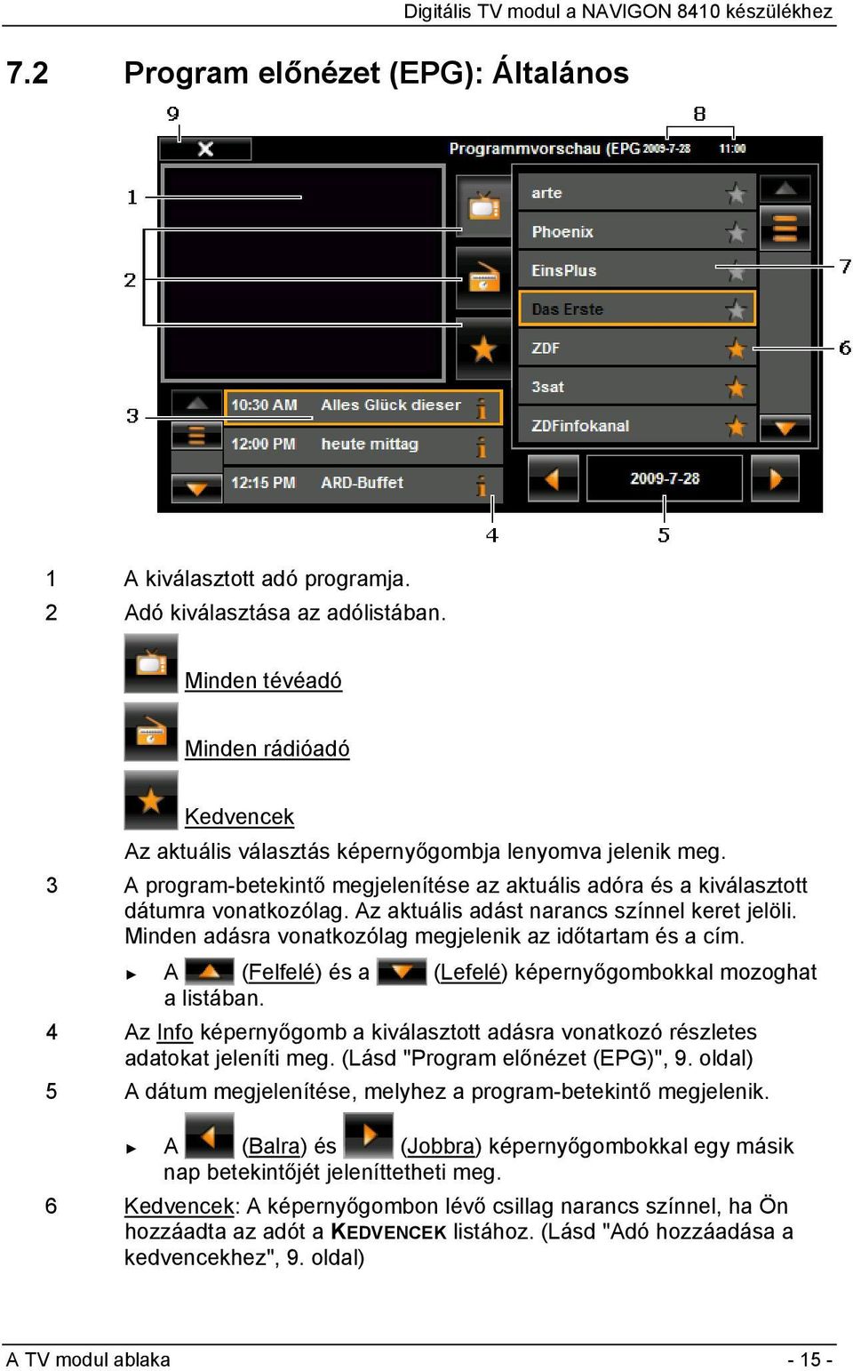 Az aktuális adást narancs színnel keret jelöli. Minden adásra vonatkozólag megjelenik az időtartam és a cím. A (Felfelé) és a (Lefelé) képernyőgombokkal mozoghat a listában.