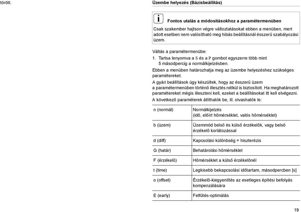 beállításnál ésszerű szabályozás üzem. Váltás a paramétermenübe: 1. Tartsa lenyomva a S és a P gombot egyszerre több mnt 5 másodpercg a normálkjelzésben.