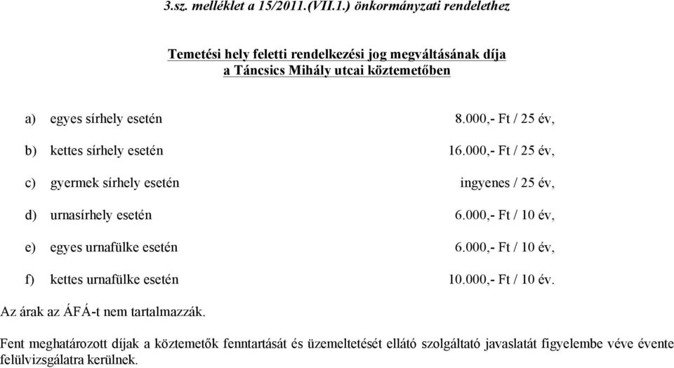 sírhely esetén 8.000,- Ft / 25 év, b) kettes sírhely esetén 16.000,- Ft / 25 év, c) gyermek sírhely esetén ingyenes / 25 év, d) urnasírhely esetén 6.