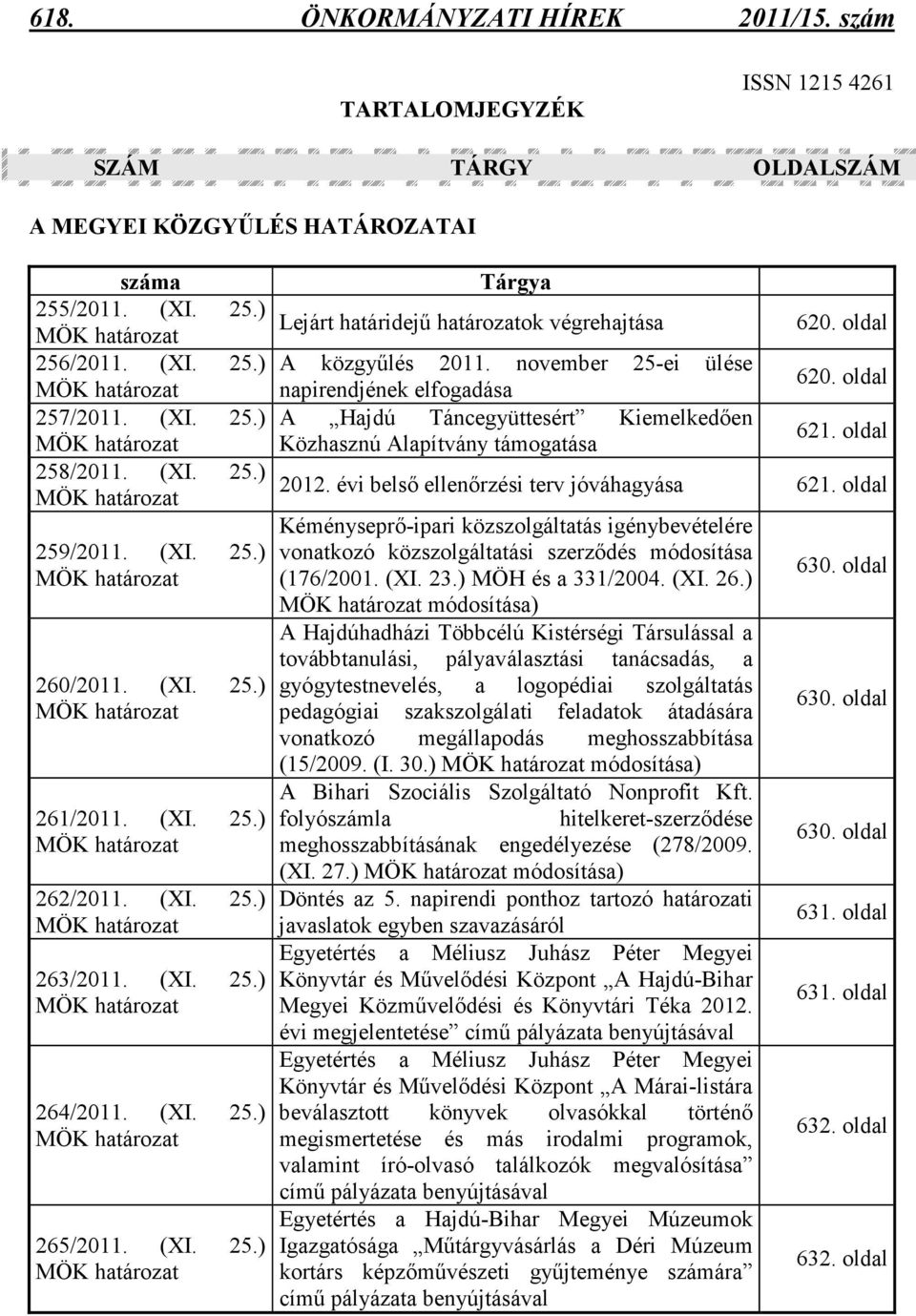 november 25-ei ülése napirendjének elfogadása A Hajdú Táncegyüttesért Kiemelkedıen Közhasznú Alapítvány támogatása 620. oldal 620. oldal 621. oldal 2012. évi belsı ellenırzési terv jóváhagyása 621.