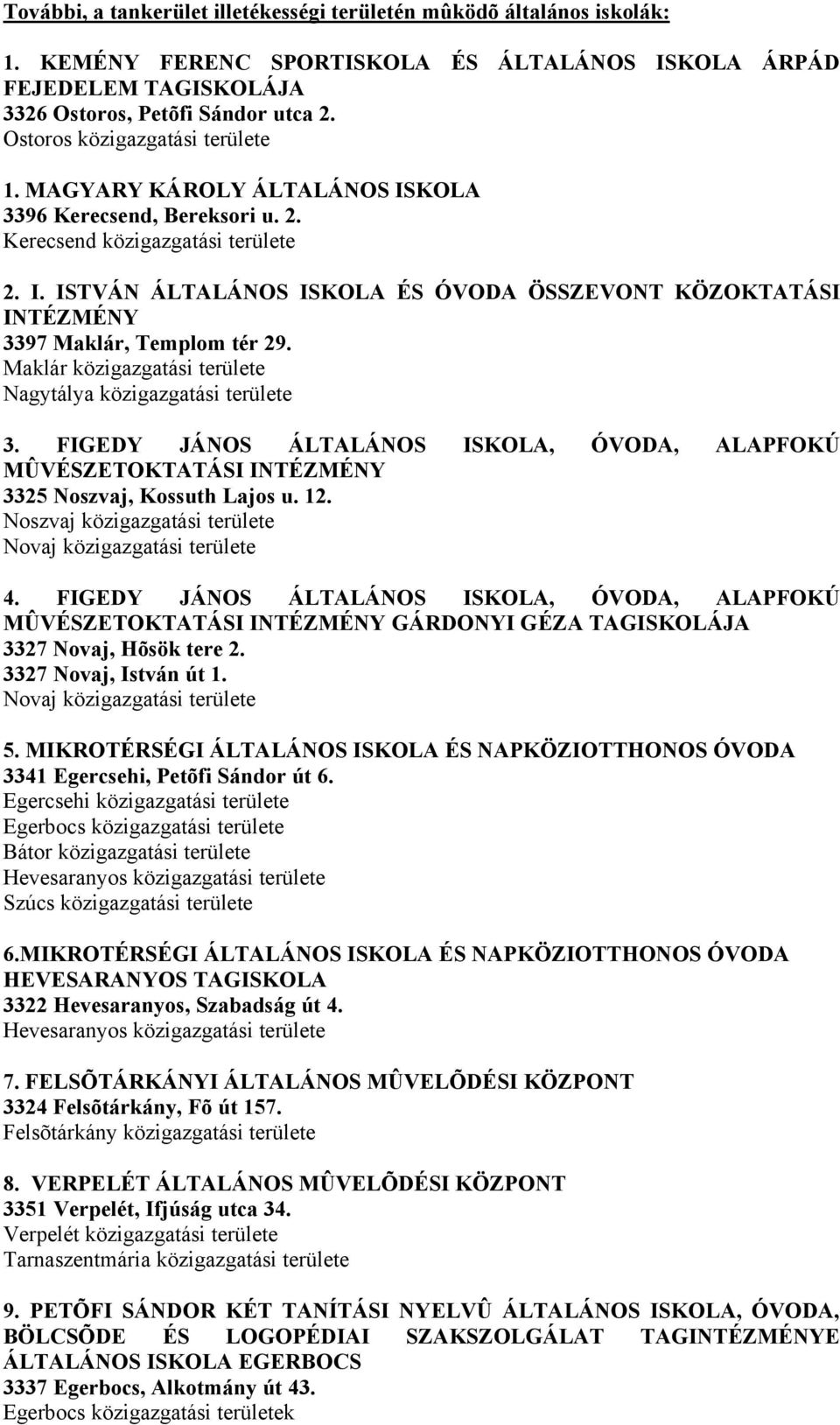 Maklár közigazgatási területe Nagytálya közigazgatási területe 3. FIGEDY JÁNOS ÁLTALÁNOS ISKOLA, ÓVODA, ALAPFOKÚ MÛVÉSZETOKTATÁSI INTÉZMÉNY 3325 Noszvaj, Kossuth Lajos u. 12.