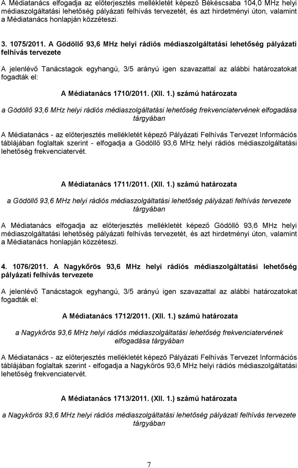 A Gödöllő 93,6 MHz helyi rádiós médiaszolgáltatási lehetőség pályázati felhívás tervezete A jelenlévő Tanácstagok egyhangú, 3/5 arányú igen szavazattal az alábbi határozatokat A Médiatanács 1710/2011.