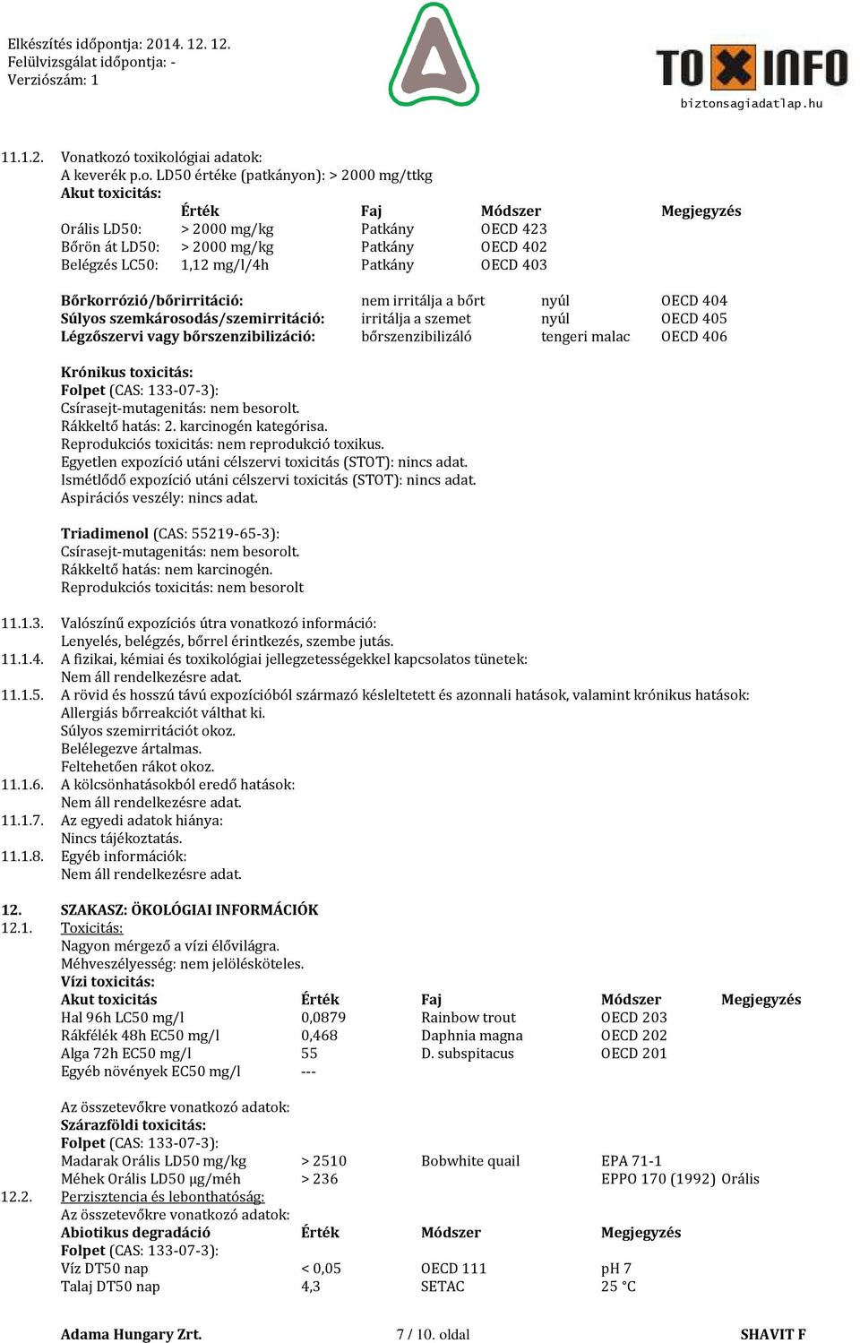 Patkány OECD 402 Belégzés LC50: 1,12 mg/l/4h Patkány OECD 403 Bőrkorrózió/bőrirritáció: nem irritálja a bőrt nyúl OECD 404 Súlyos szemkárosodás/szemirritáció: irritálja a szemet nyúl OECD 405