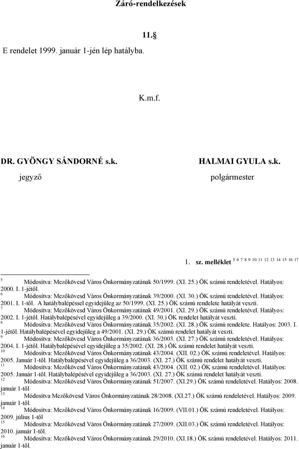 6 Módosítva: Mezőkövesd Város Önkormányzatának 39/2000. (XI. 30.) ÖK számú rendeletével. Hatályos: 2001. I. 1-től. A hatálybalépéssel egyidejűleg az 50/1999. (XI. 25.