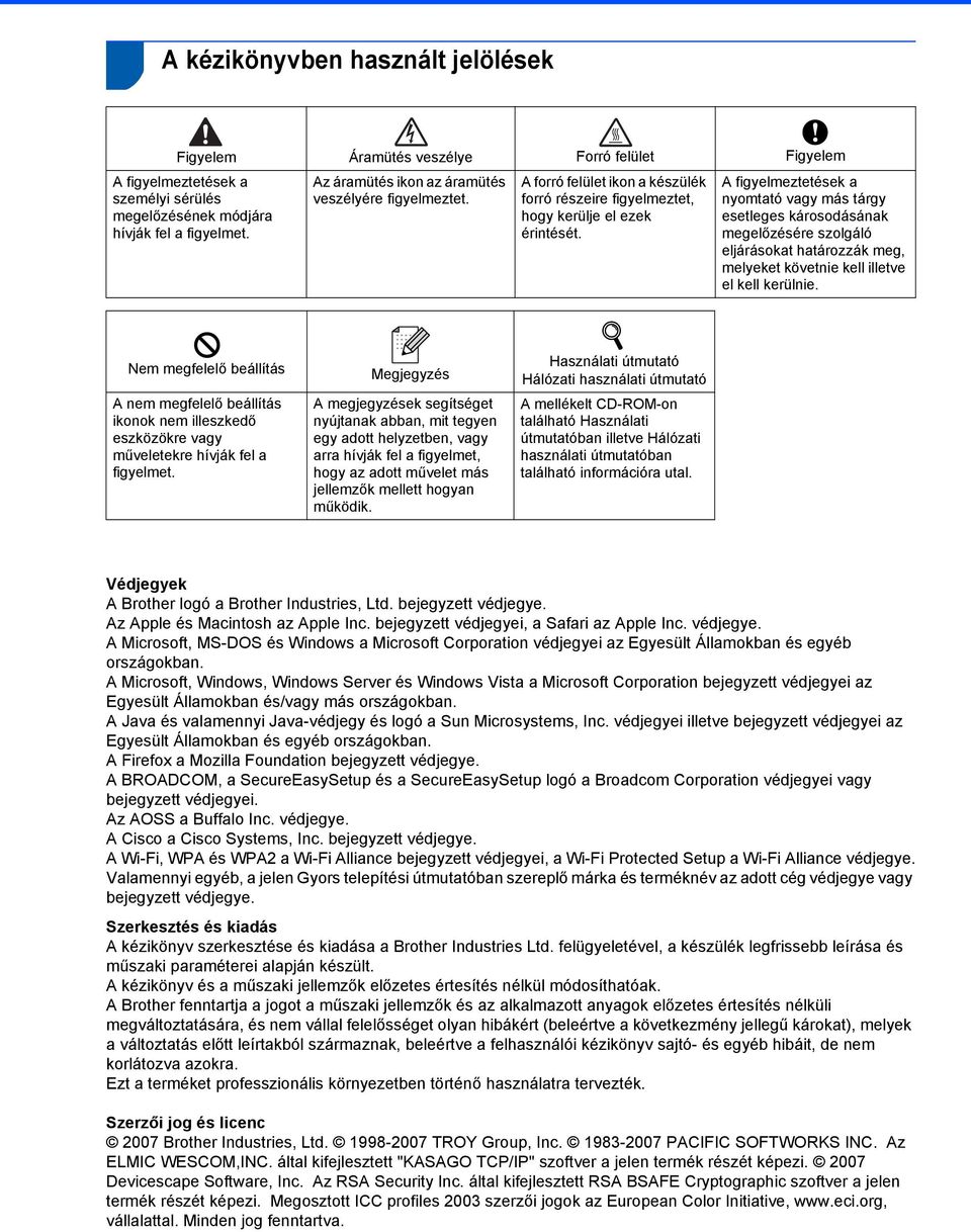 A figyelmeztetések a nyomtató vagy más tárgy esetleges károsodásának megelőzésére szolgáló eljárásokat határozzák meg, melyeket követnie kell illetve el kell kerülnie.