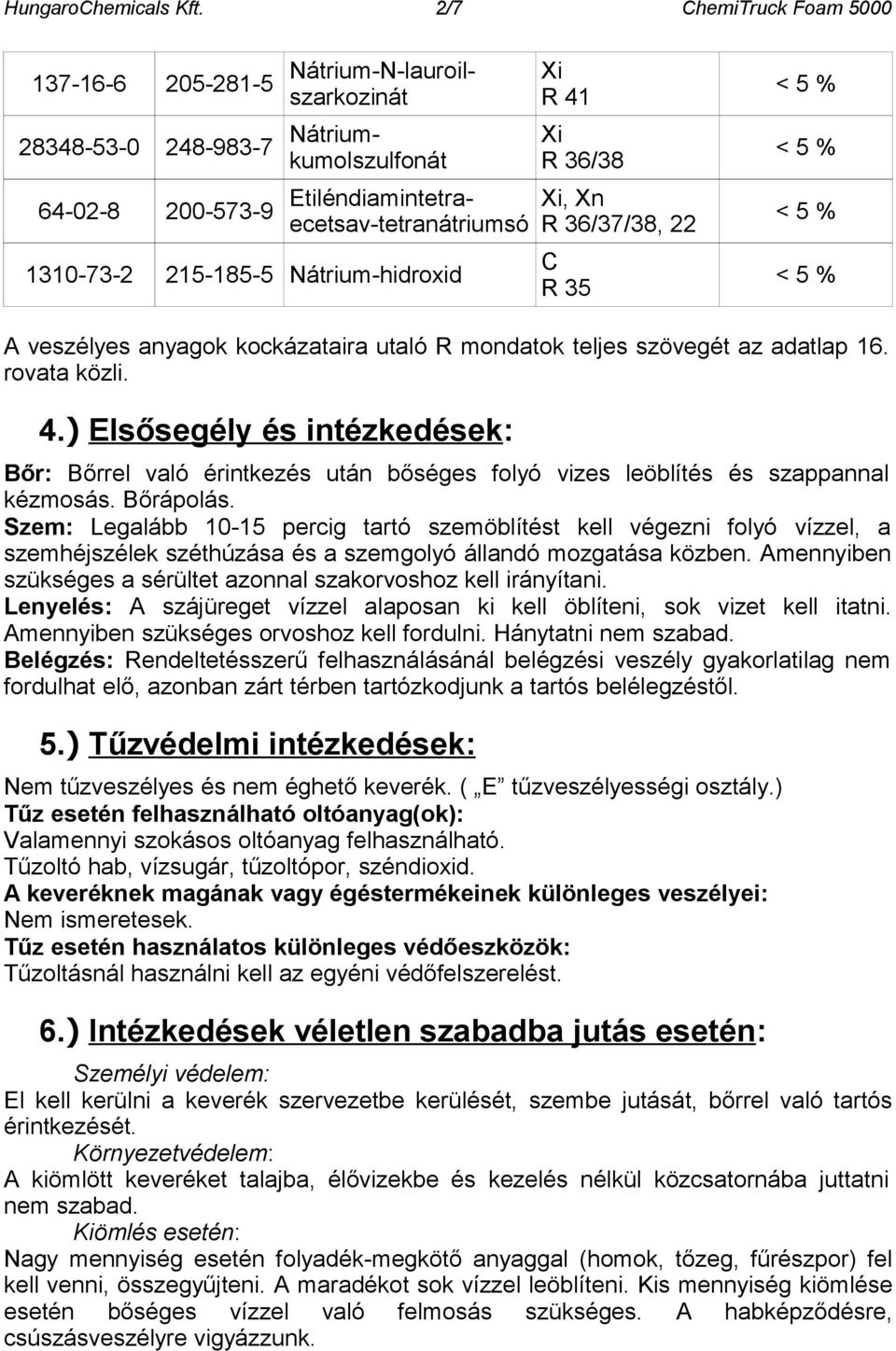 Nátrium-hidroxid Xi R 41 Xi R 36/38 Xi, Xn R 36/37/38, 22 C R 35 A veszélyes anyagok kockázataira utaló R mondatok teljes szövegét az adatlap 16. rovata közli. 4.) Elsősegély és intézkedések: Bőr: Bőrrel való érintkezés után bőséges folyó vizes leöblítés és szappannal kézmosás.