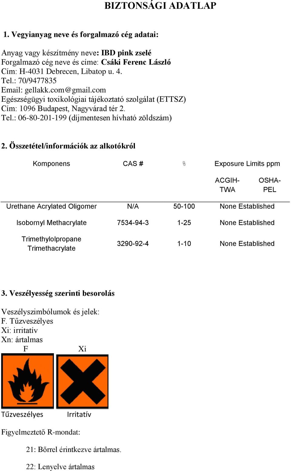 Összetétel/információk az alkotókról Komponens CAS # % Exposure Limits ppm ACGIH- TWA OSHA- PEL Urethane Acrylated Oligomer N/A 50-100 None Established Isobornyl Methacrylate 7534-94-3 1-25 None