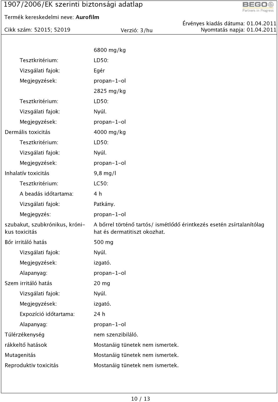 4000 mg/kg LD50: Nyúl. 9,8 mg/l LC50: 4 h Patkány. A bőrrel történő tartós/ ismétlődő érintkezés esetén zsírtalanítólag hat és dermatitiszt okozhat.