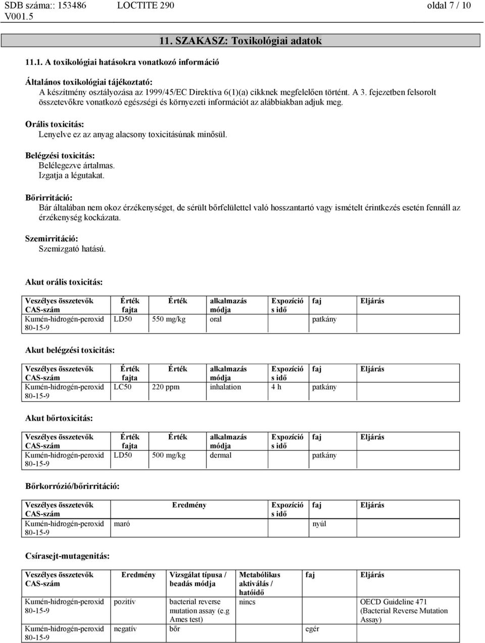 fejezetben felsorolt összetevőkre vonatkozó egészségi és környezeti információt az alábbiakban adjuk meg. Orális toxicitás: Lenyelve ez az anyag alacsony toxicitásúnak minősül.