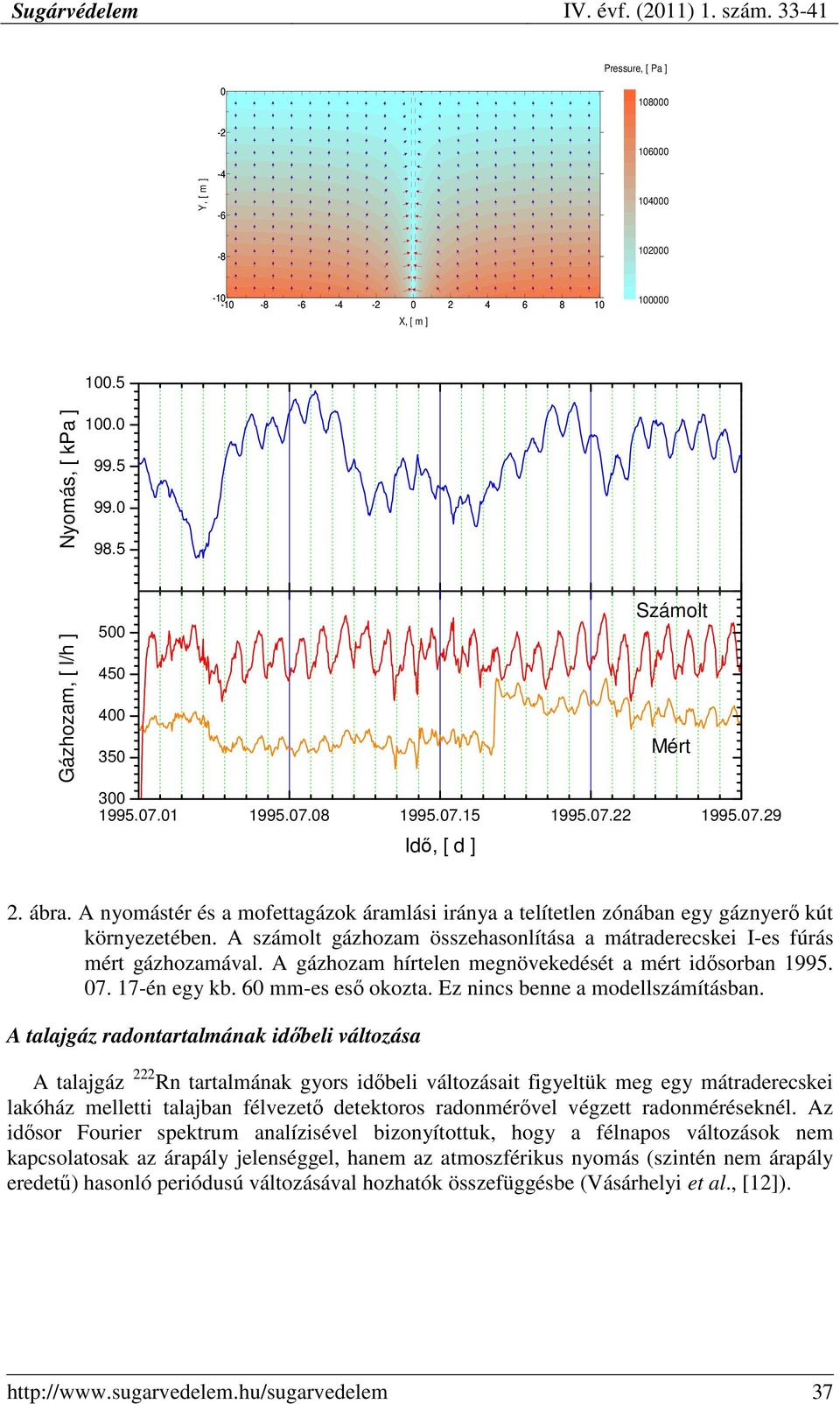 A számolt gázhozam összehasonlítása a mátraderecskei I-es fúrás mért gázhozamával. A gázhozam hírtelen megnövekedését a mért idısorban 1995. 7. 17-én egy kb. 6 mm-es esı okozta.