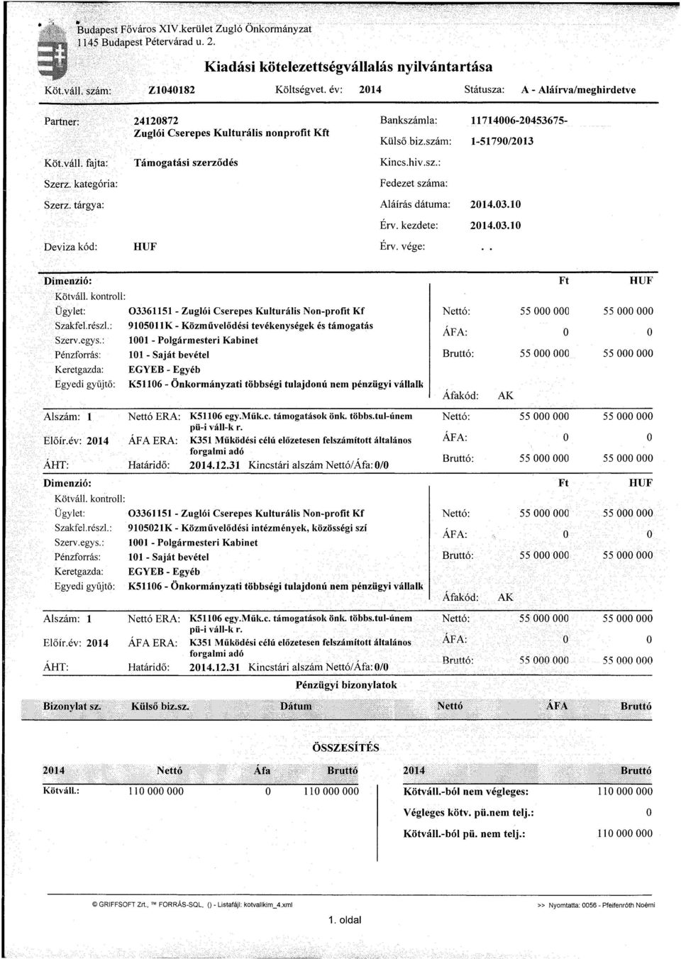 kategória: Támogatási szerződés Kincs.hiv.sz.: Fedezet száma: Szerz. tárgya: Aláírás dátuma: Érv. kezdete: 214.3.1 214.3.1 Deviza kód: HUF Érv. vége: Dimenzió: Kőtváll. kontroll: Ügylet: Szakfel.