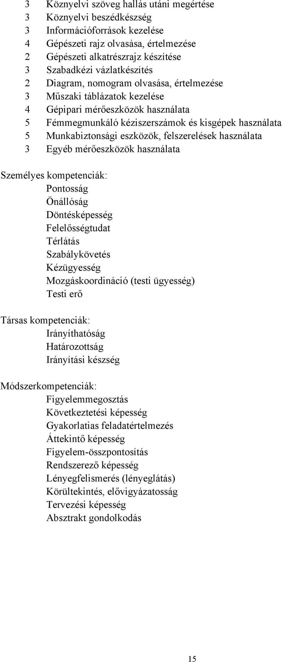 eszközök, felszerelések használata 3 Egyéb mérőeszközök használata Személyes kompetenciák: Pontosság Önállóság Döntésképesség Felelősségtudat Térlátás Szabálykövetés Kézügyesség Mozgáskoordináció