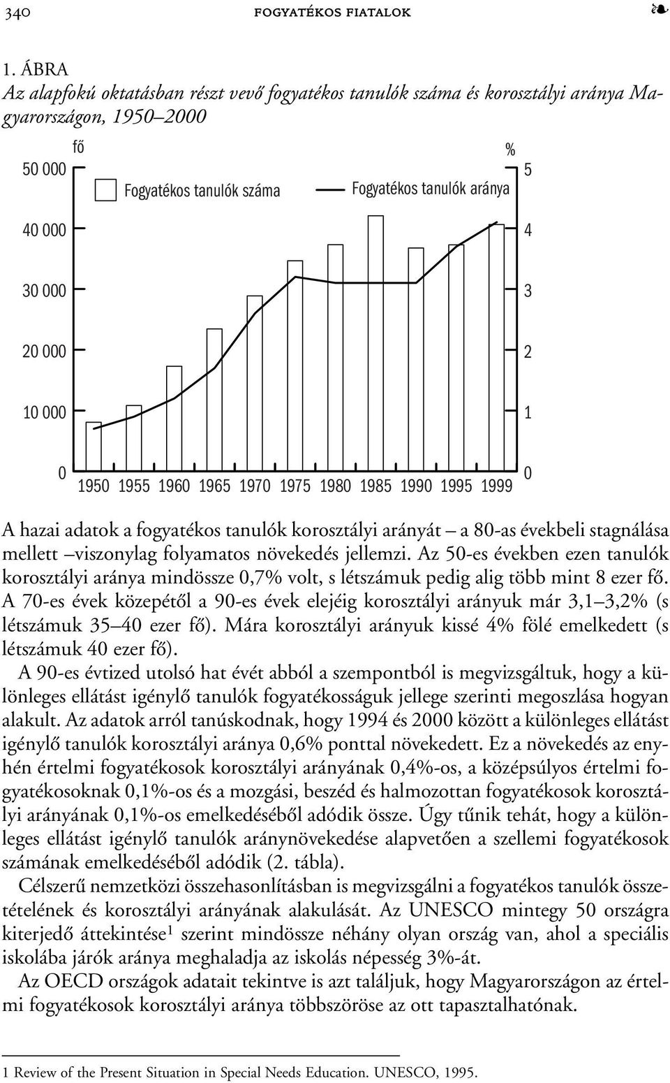 000 2 10 000 1 0 1950 1955 1960 1965 1970 1975 1980 1985 1990 1995 1999 0 A hazai adatok a fogyatékos tanulók korosztályi arányát a 80-as évekbeli stagnálása mellett viszonylag folyamatos növekedés
