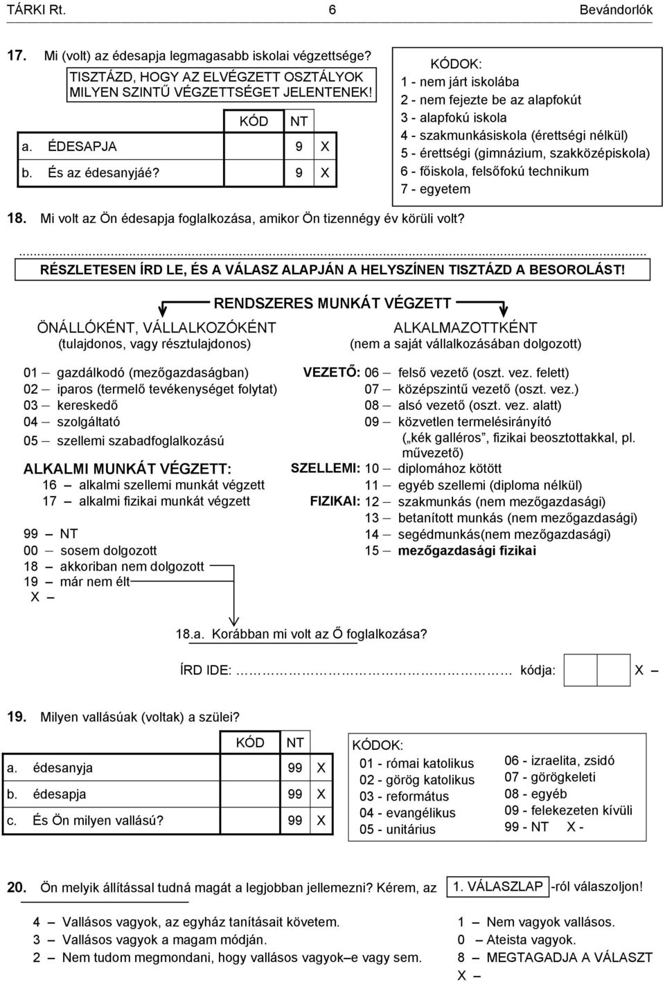 9 X KÓDOK: 1 - nem járt iskolába 2 - nem fejezte be az alapfokút 3 - alapfokú iskola 4 - szakmunkásiskola (érettségi nélkül) 5 - érettségi (gimnázium, szakközépiskola) 6 - főiskola, felsőfokú