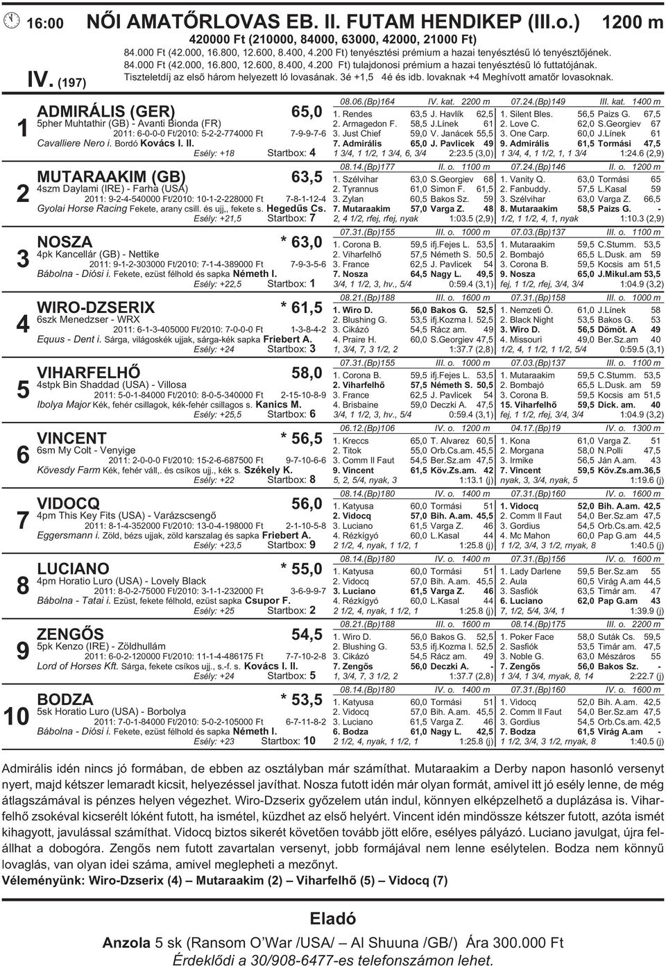 Tiszteletdíj az elsõ három helyezett ló lovasának. 3é +1,5 4é és idb. lovaknak +4 Meghívott amatõr lovasoknak. 08.06.(Bp)164 IV. kat. 2200 m 07.24.(Bp)149 III. kat. 1400 m ADMIRÁLIS (GER) 65,0 1.