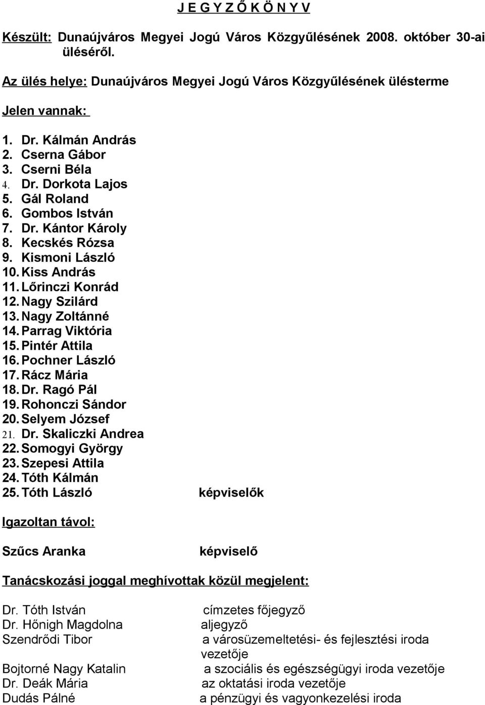 Nagy Szilárd 13. Nagy Zoltánné 14. Parrag Viktória 15. Pintér Attila 16. Pochner László 17. Rácz Mária 18.Dr. Ragó Pál 19. Rohonczi Sándor 20. Selyem József 21. Dr. Skaliczki Andrea 22.