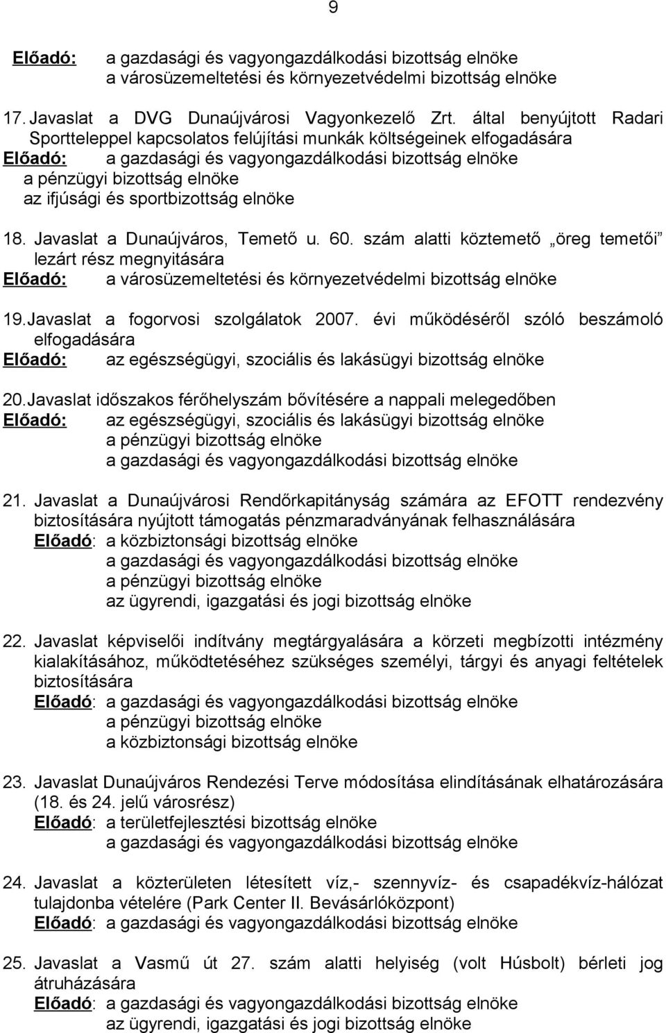 sportbizottság elnöke 18. Javaslat a Dunaújváros, Temető u. 60. szám alatti köztemető öreg temetői lezárt rész megnyitására Előadó: a városüzemeltetési és környezetvédelmi bizottság elnöke 19.